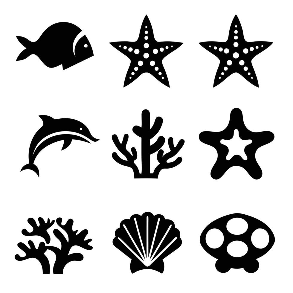 Aquatic Ecosystem Silhouettes Icons of Marine Species vector