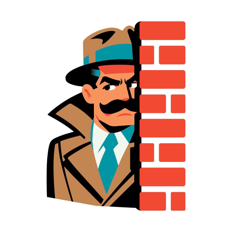 Vintage cartoon spy in a raincoat and fedora hat hiding and spying behind the brick wall vector