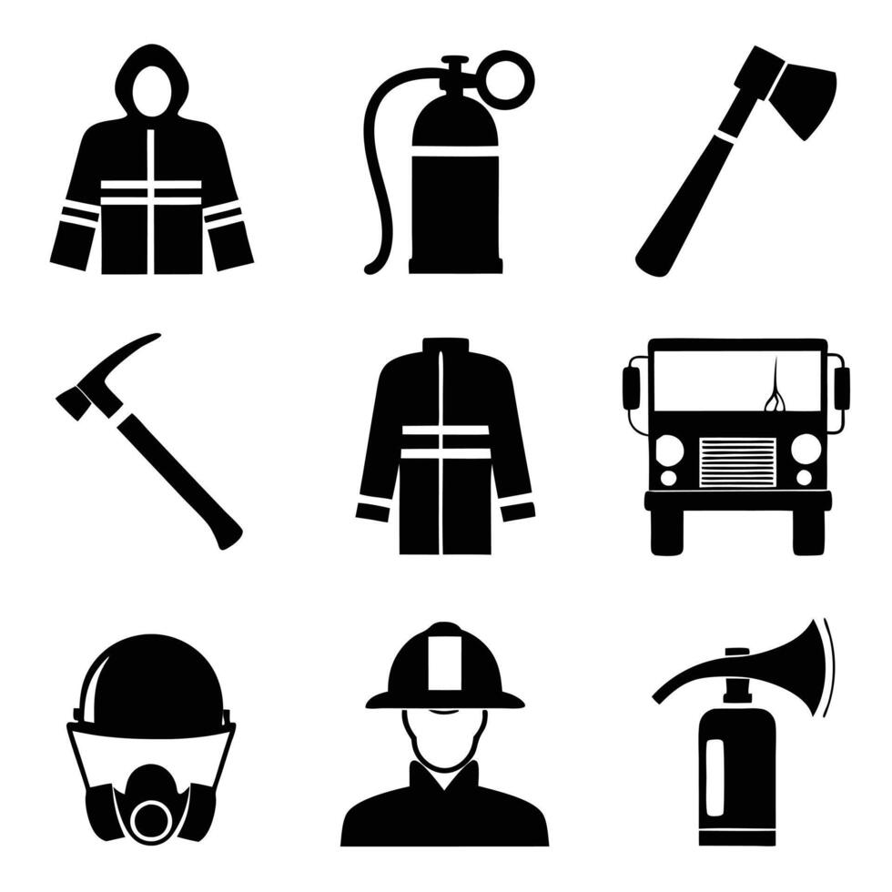 Firefighter Action and Equipment Silhouette Set vector