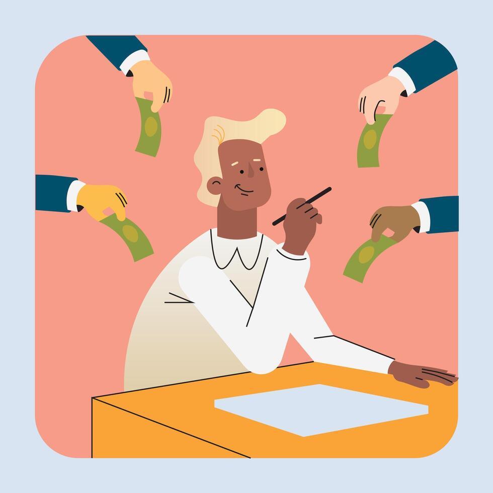 Creative worker, copyrighter with a pen in a hand, job offer, passive income concept vector
