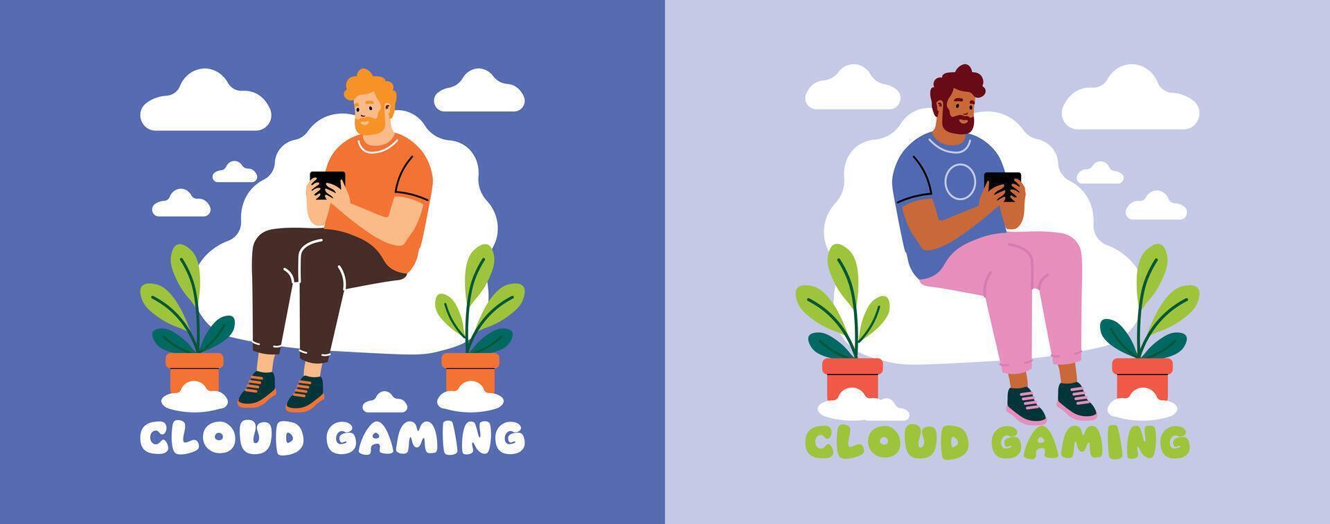 Cloud caming banner template. Man sitting on a cloud and playing videogames on his mobile phone gadget. Cartoon flat character design, illustration vector