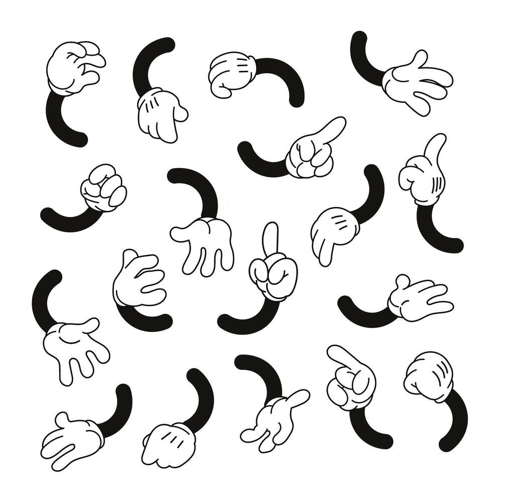 1930s Vintage Cartoon Hands Set. Retro Comic Character's White Glove Limbs Collection, Design Elements vector