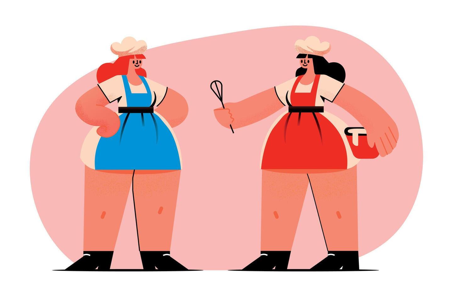 cartoon women in apron ant chef hat, holding a whisk. Flat character design. Bakery, cooking banner. vector