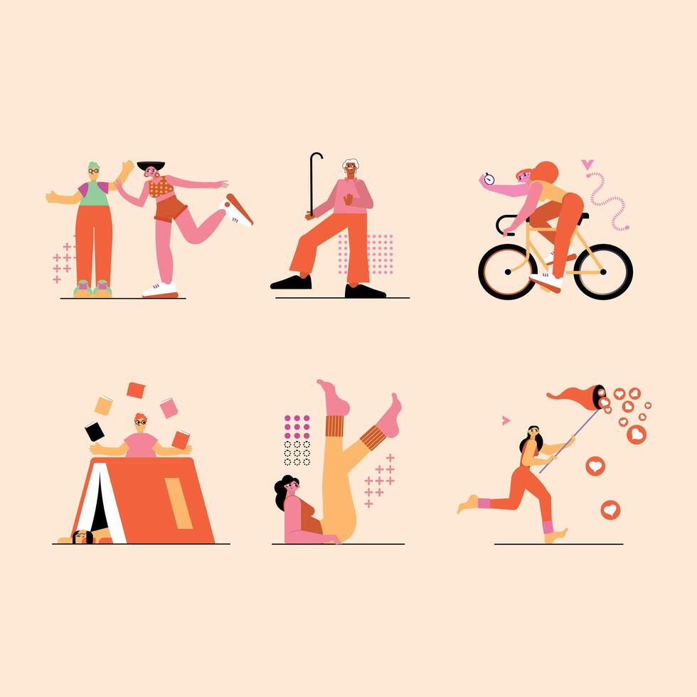 Set of cartoon flat characters engage in a variety of activities. dancing, cycling, reading, exercising etc. Active lifestyle. vector