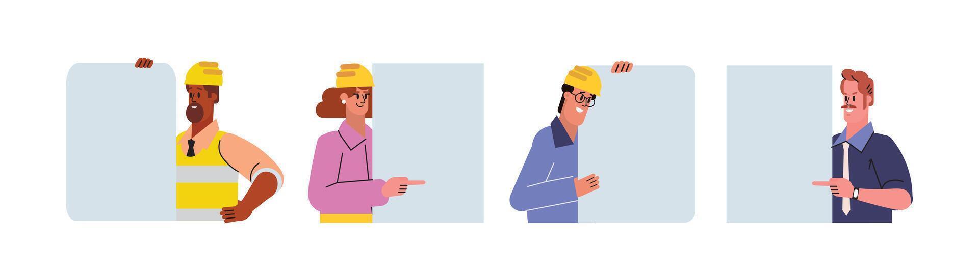 Happy construction site workers, architects indicating, pointing finger on empty banner with copy space, advertising template set. Flat design graphics illustration isolated on white vector