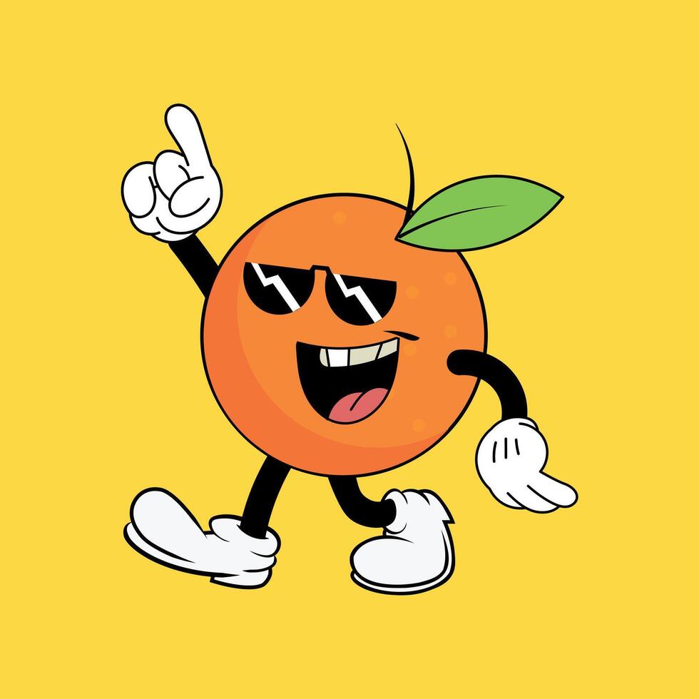 An orange character with sunglasses and a hand up vector