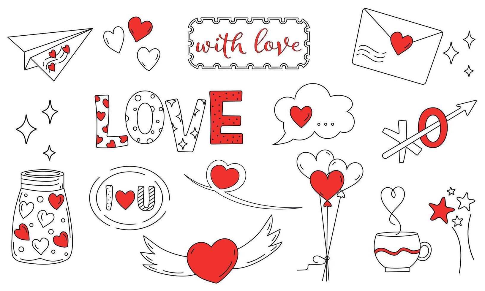 Valentine's Day Doodle Set, Elements, Valentine's Day, Decoration, Hand Drawing, Red, Icon, 14 February, Concept Illustration, Linar Element, Party, Sketch, Love, Line Art vector