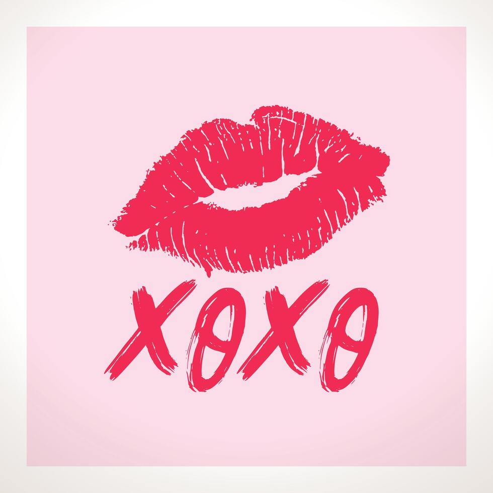 XOXO hugs and kisses brush lettering and lipstick kiss on a white background. vector
