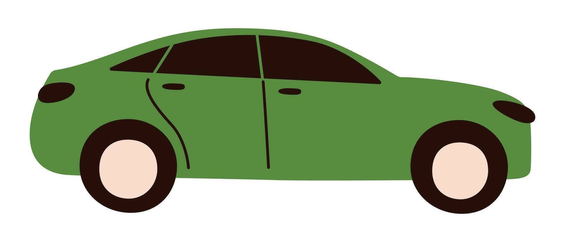 illustration of green car in minimalist and flat cartoon style. Simple side view with rounded shapes and modern look, doodle automobile icon, roid safety, transportation, and travel concept vector