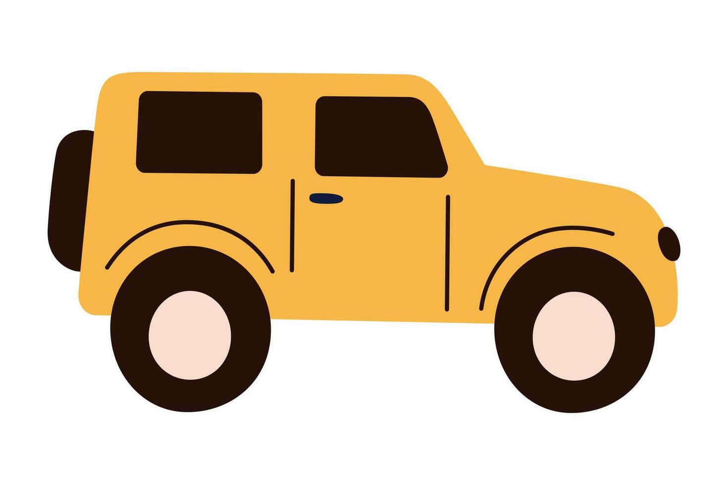illustration of yellow SUV or offroad vehicle in simple, cartoon childish style. Fun and playful transport for kids themes, travel, road adventure, and transportation concepts in flat design vector