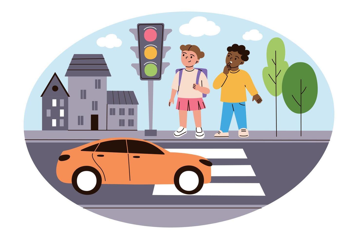 illustration of two children standing on crosswalk, girl and boy looking at traffic light, car passes by. Composition with city background with trees, houses. Cartoonish, simple flat style vector