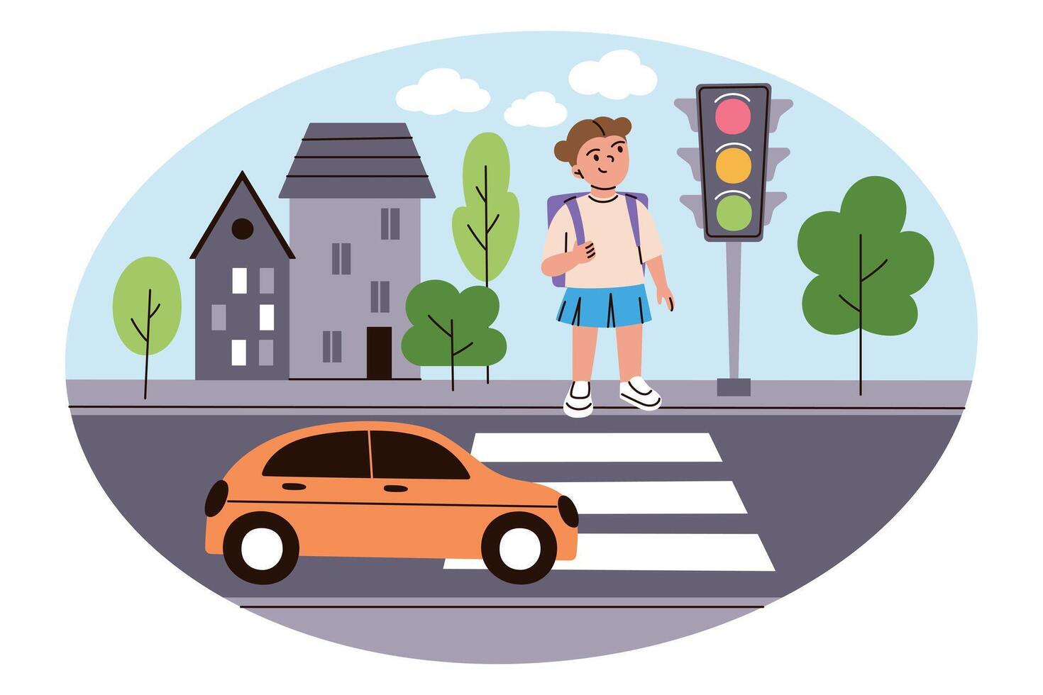 illustration of child crossing street at pedestrian crosswalk with traffic light and moving car. Urban background with buildings, trees. Road safety for kids. School girl in flat, cartoon style vector
