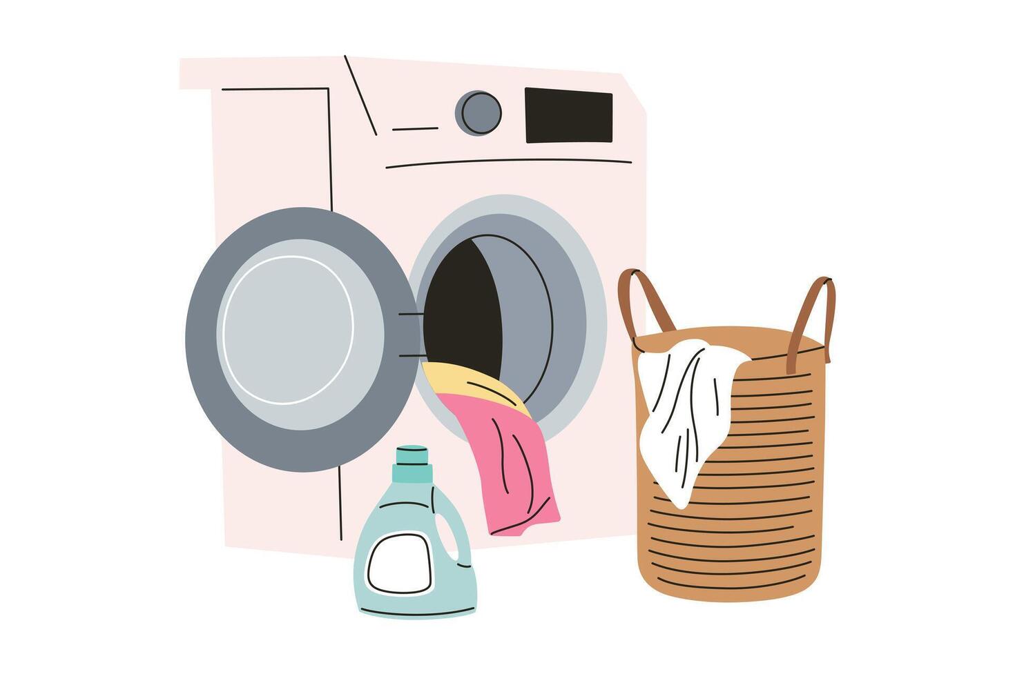 illustration of washing machine with open door, laundry inside, detergent bottle, and wicker basket. Simple, cartoonish, and flat design depicting home, cleaning, and household chores vector