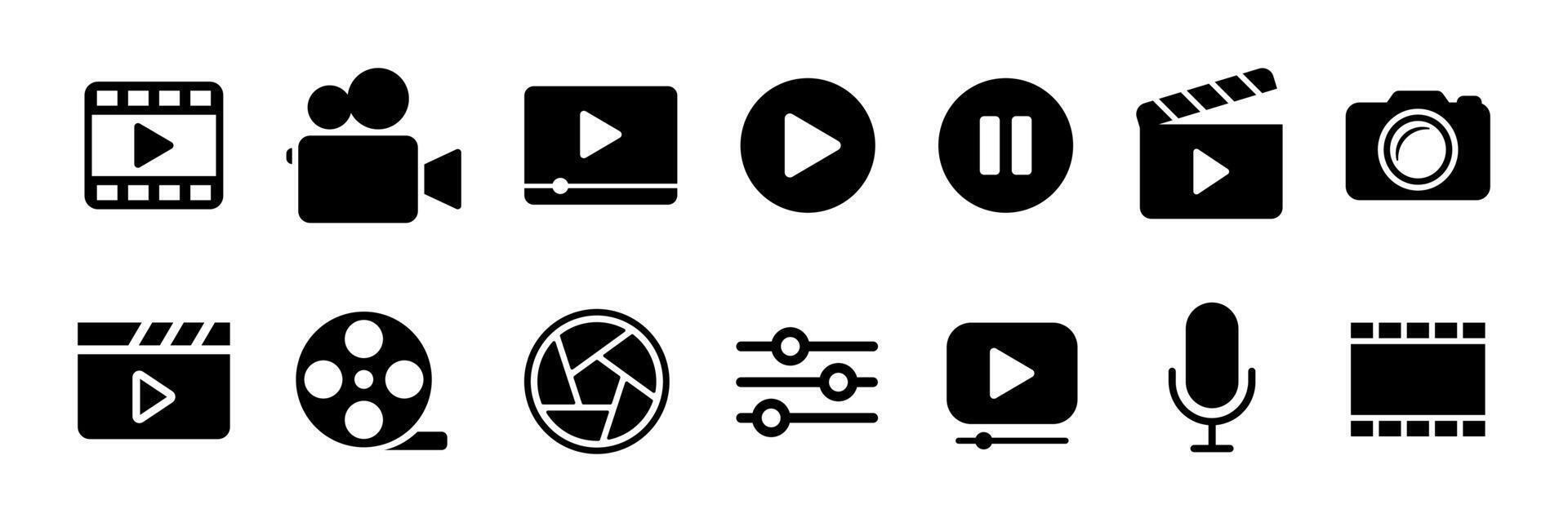 Camera icon set. Containing play or start button, pause or stop, media, camera, live, cinema, multimedia, film, handycam, clapperboard, movie, streaming, and online . vector