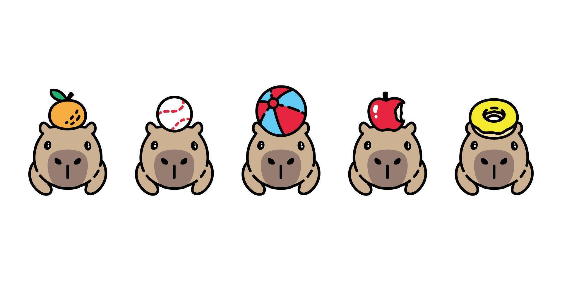 capybara apple orange beach ball toy baseball donut pet cartoon character icon logo symbol illustration isolated design vector