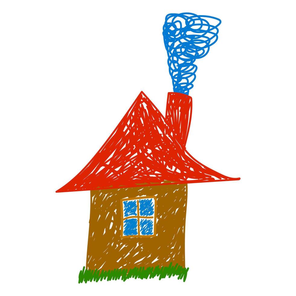 Sketch-style illustration of a cozy house with a red roof, chimney smoke, and a window, drawn in a playful manner. vector