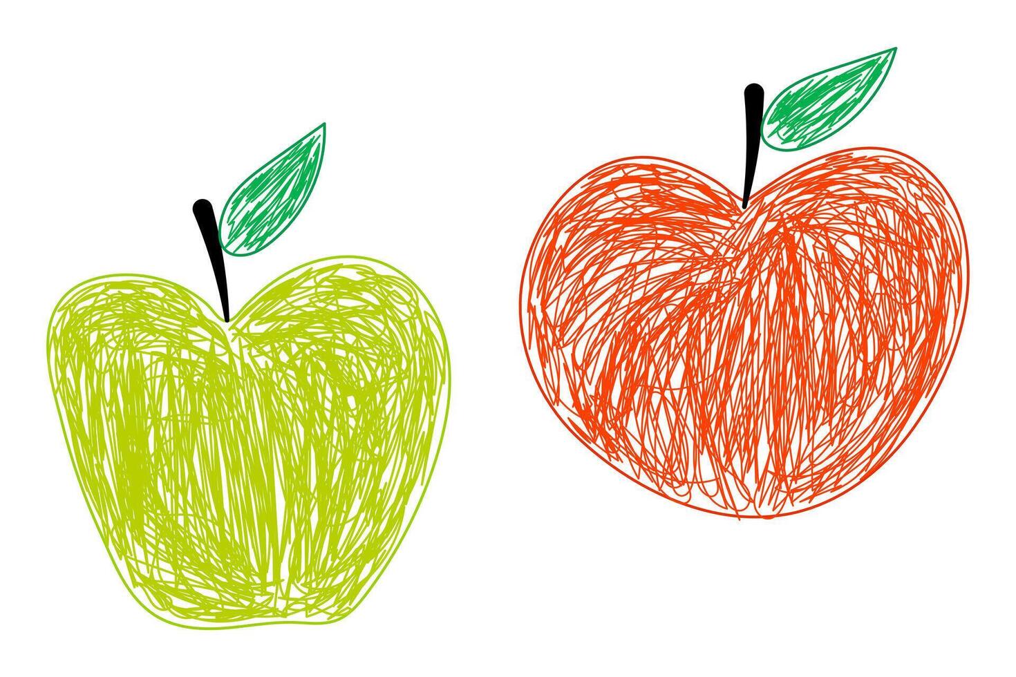 Scribble-style illustration of a green apple and a red apple with leaves, drawn in a playful and artistic manner. vector