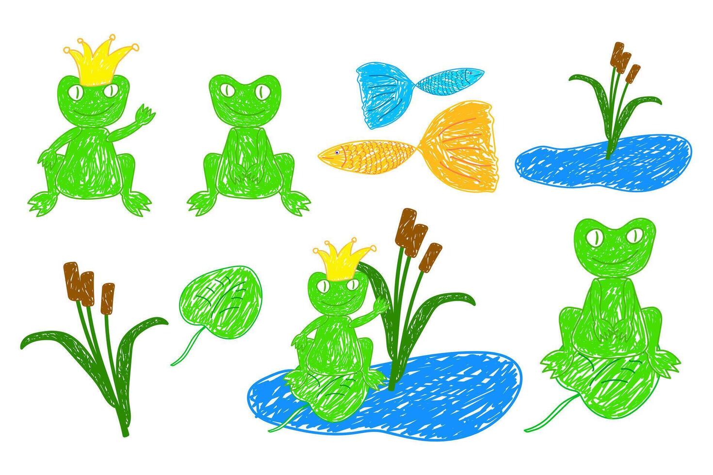 Colorful doodle of frogs, fish, water plants, and a pond, featuring a frog prince with a golden crown in a fairytale style. vector