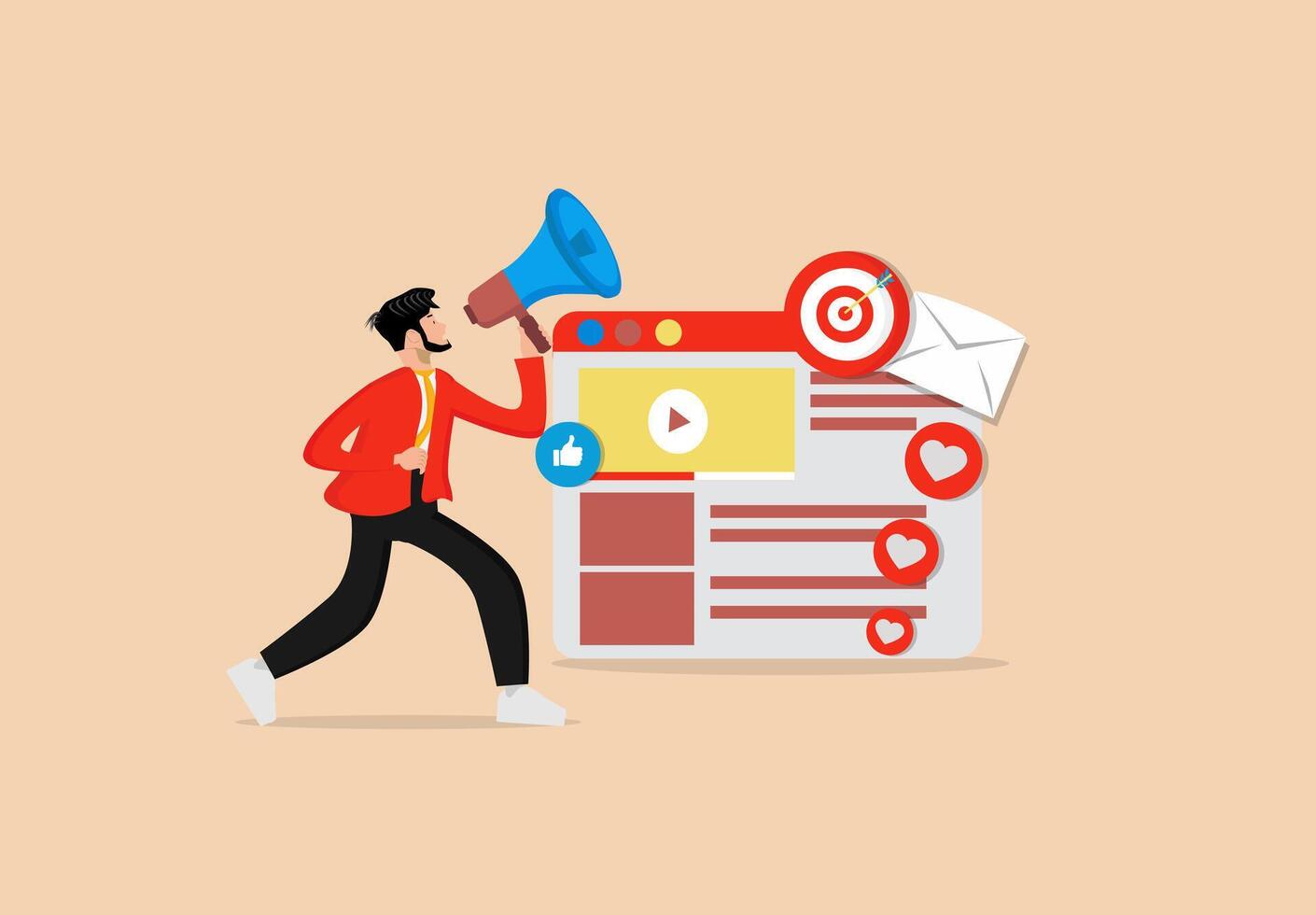 a man is holding a megaphone and pointing at a website vector
