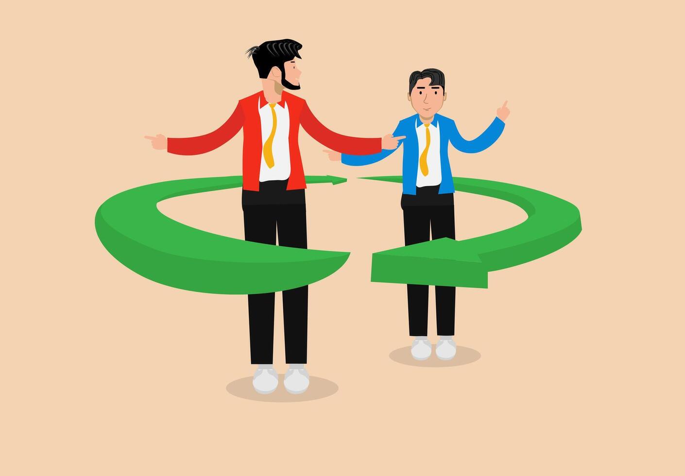 Teamwork Business, two young people in the green circle area. Team work to complete challenges vector
