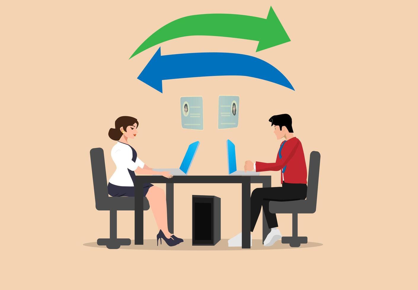 two people sitting at a table with a computer and a blue arrow pointing to the right vector
