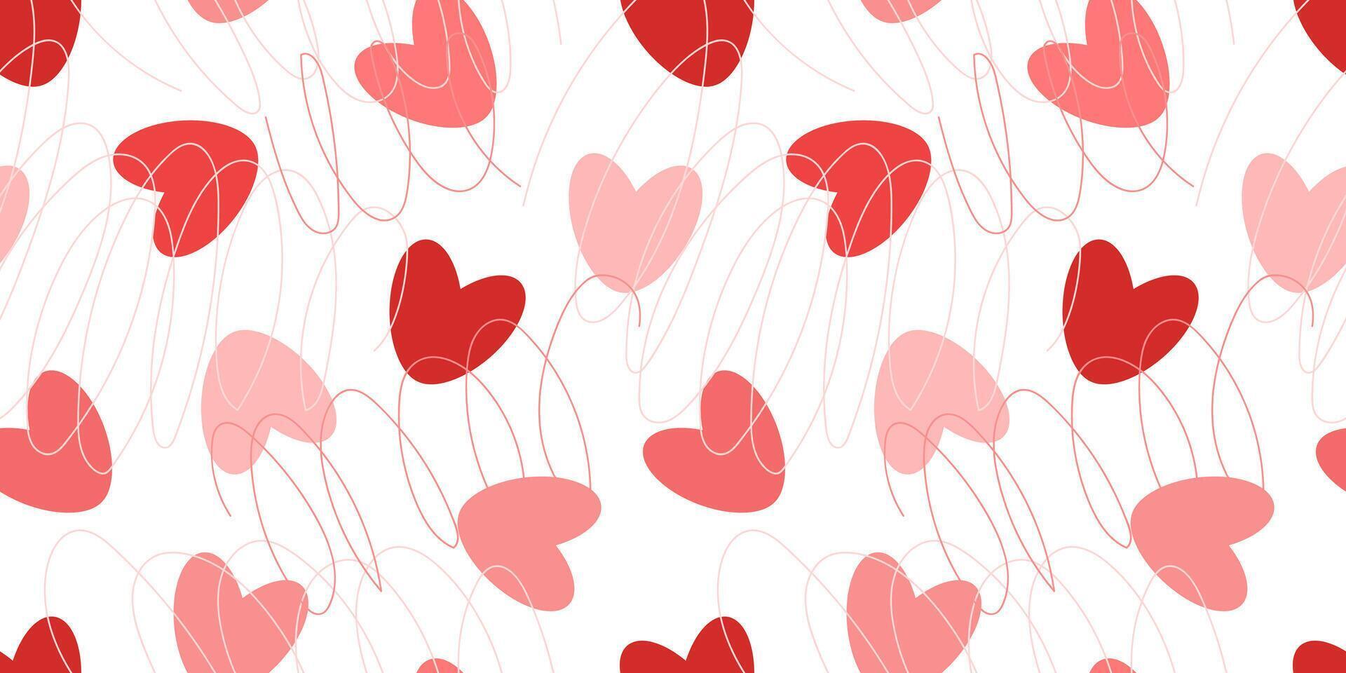 Red hearts cute seamless pattern with scribbles texture. Collection of red love heart illustrations hand drawn. Heart doodle background. vector