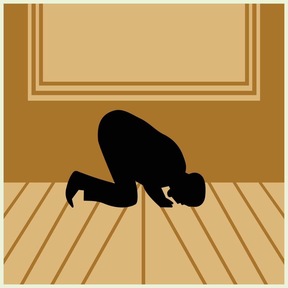 The silhouette of a person performing a prayer with a prostration pose which means surrendering to God. Design element illustration of a person who is praying with religious vector