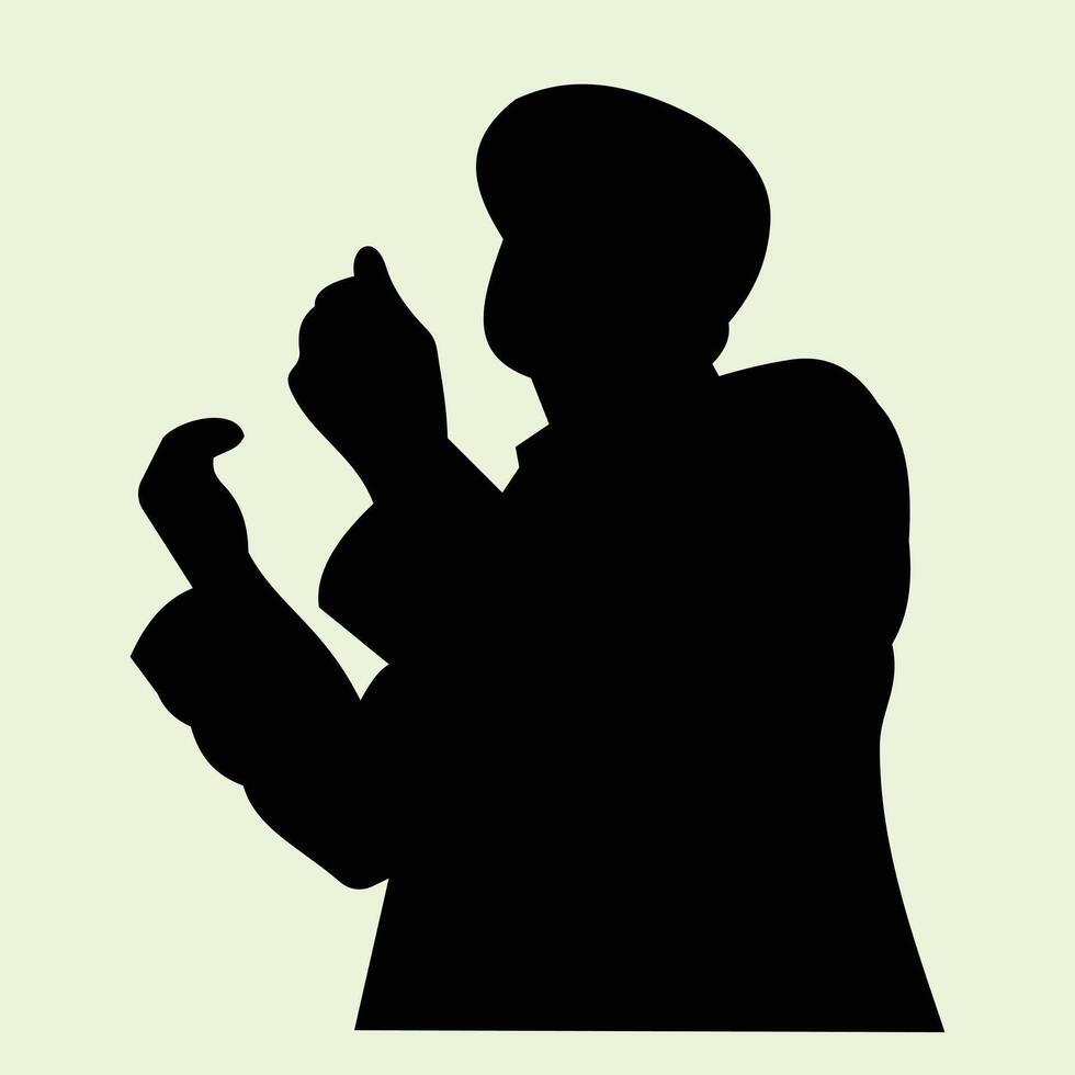 Silhouette of a man praying on a light green background. The silhouette of a person performing a prayer. Design element illustration of a person who is praying with religious theme vector