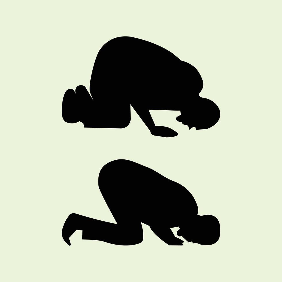 The silhouette of a person performing a prayer with a prostration pose which means surrendering to God. Design element illustration of a person who is praying vector