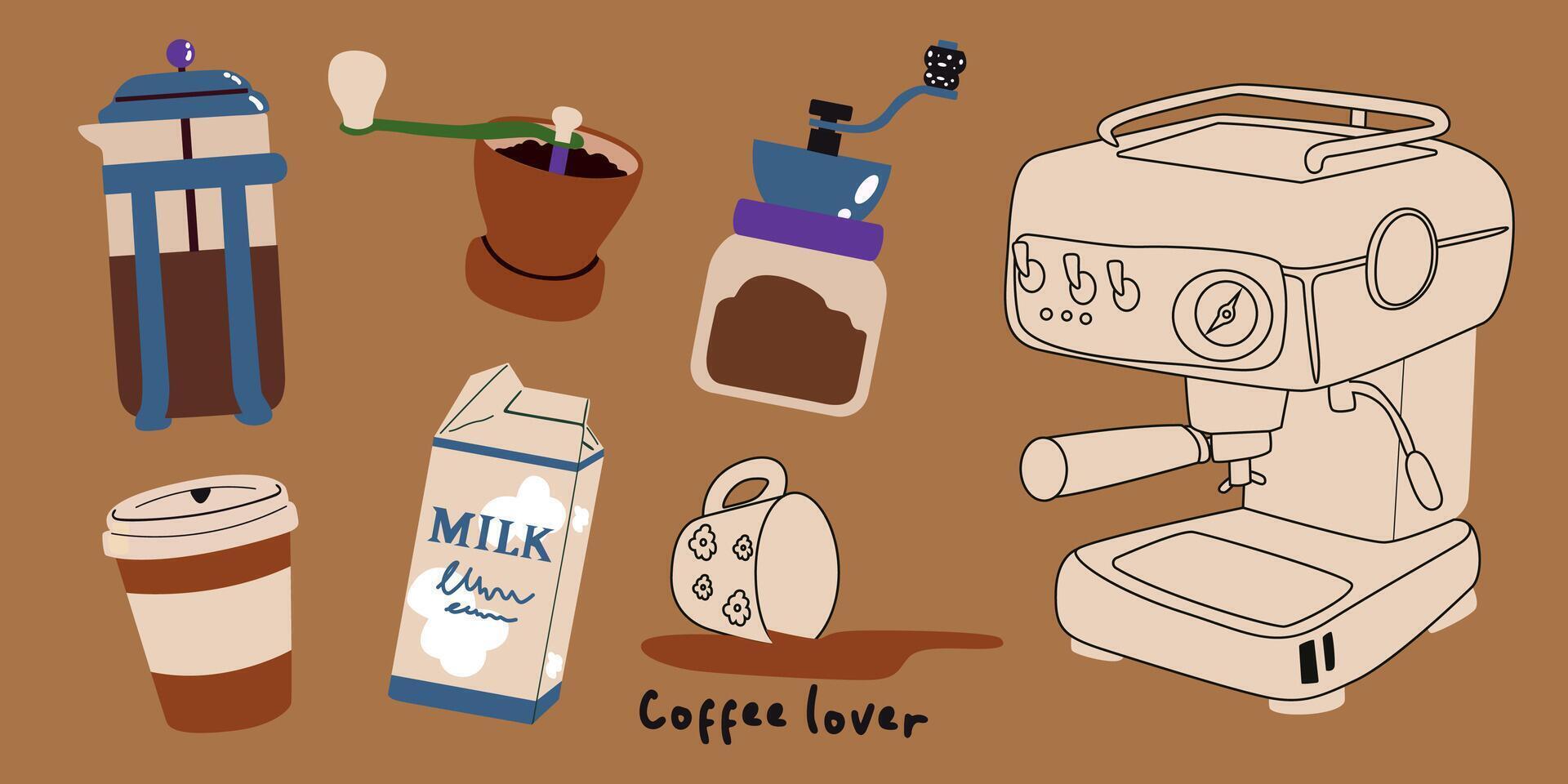 Set of coffee elements. Craft paper cup, coffee machines cartoon retro stickers. Coffee makers, kettles, brewing, glass, cappuccino, beans. Graphic doodle minimalist vintage icons vector