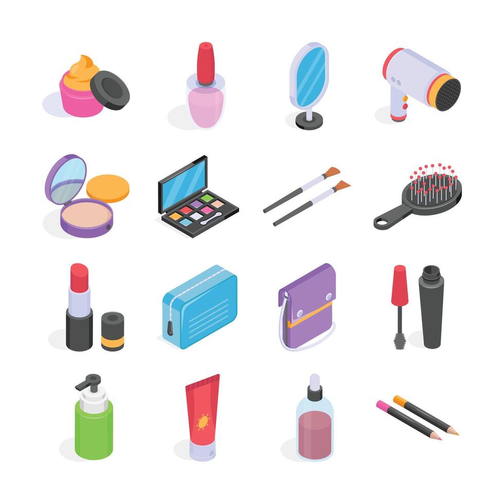 Get this amazing makeup and beauty products isometric icons set vector