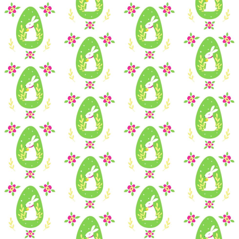 Seamless Easter or spring pattern with cute white rabbit in green egg, decorated sprigs and flowers. Print for children textile, pack, fabric, wallpaper, wrapping. vector