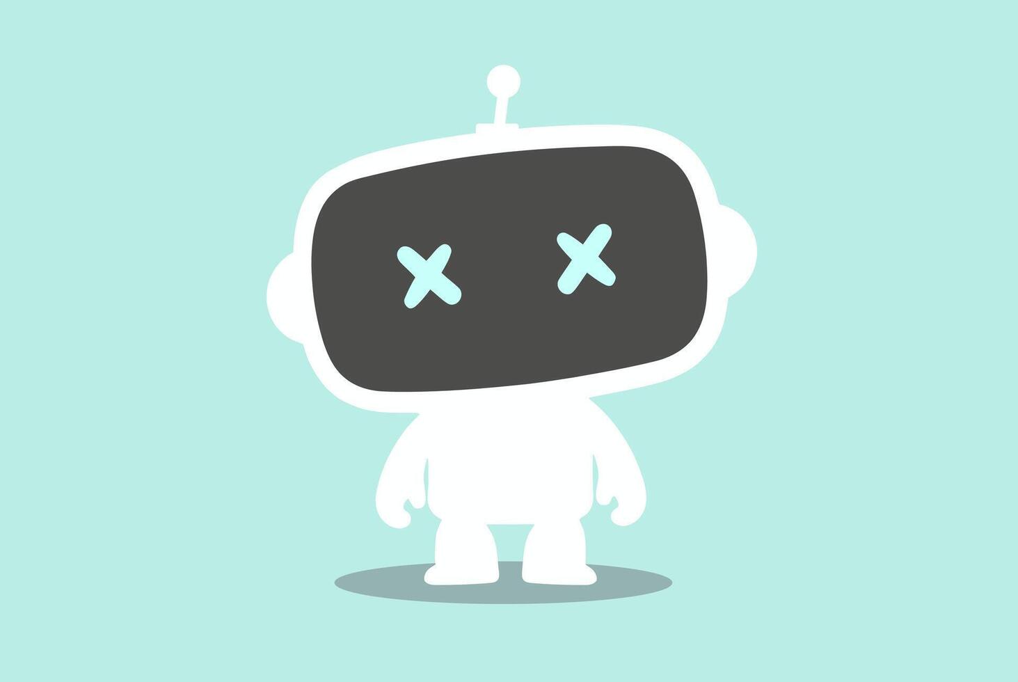 A cute robot with a rectangular head featuring two simple, blue X eyes, stands on a light blue surface. vector