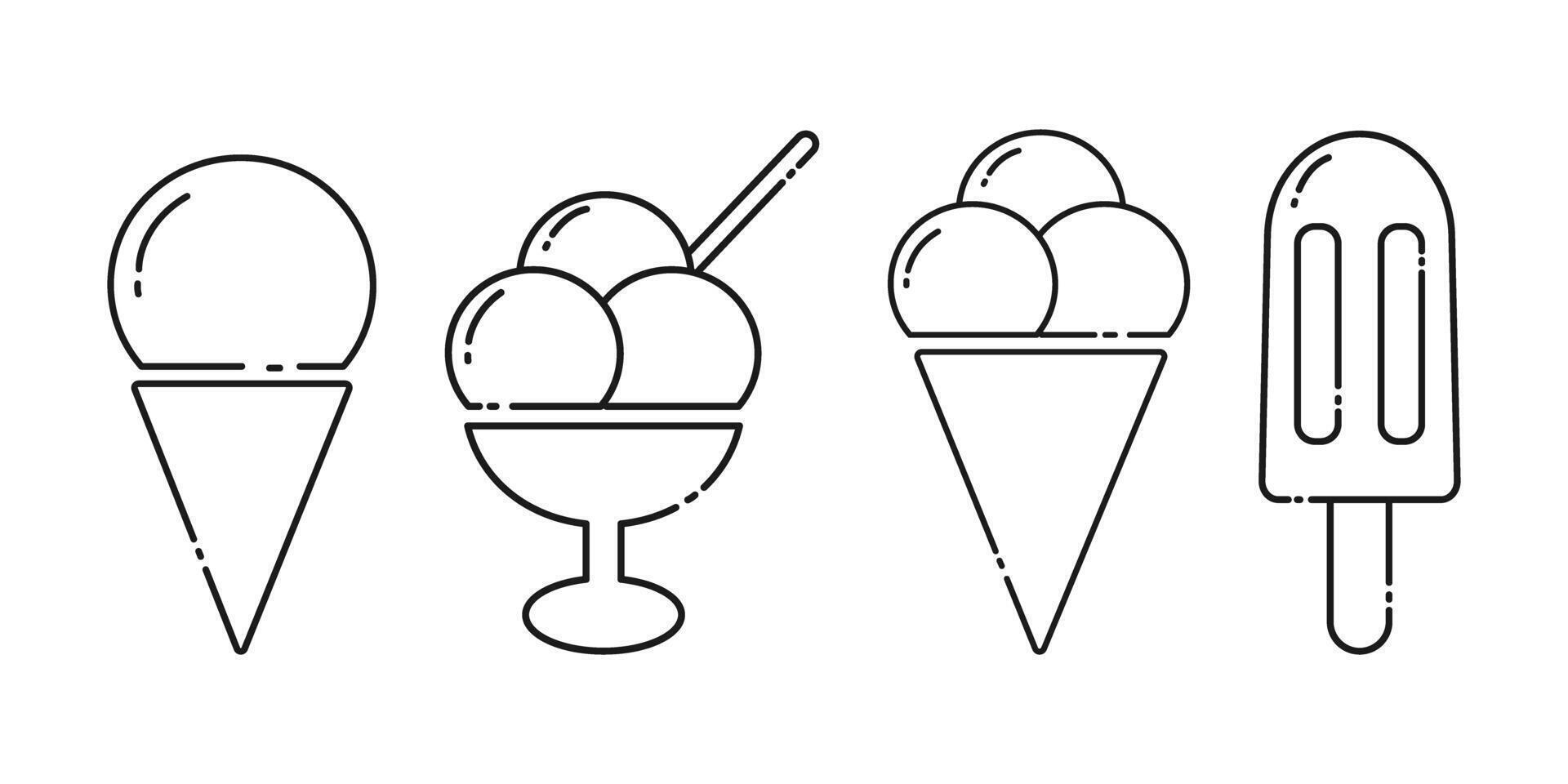 Ice cream on stick, in triangle cone and bowl linear icons Logo Sticker minimalist design idea Set 4. Isolated illustration Thematic cards, poster, leaflets, price, labels or web promo banners vector