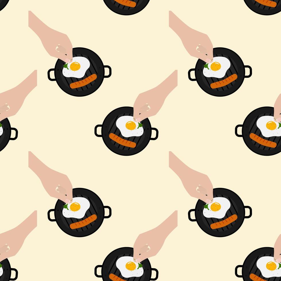 Womens hand put green leaves on fried egg with spicy in grill pan with sausage Seamless Pattern idea. Isolated illustration Thematic card wallpaper, leaflet or web promo banner, brochure, label vector
