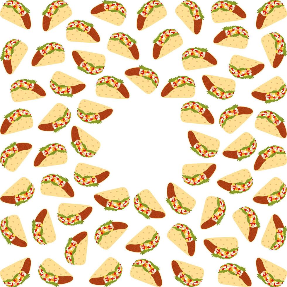 Taco Meat and vegetable filling Circular Frame border. Taco Day greeting or cards Copyspace Template. Isolated illustration Greeting cards poster, banner, brochure, greetings, tag, label or web vector