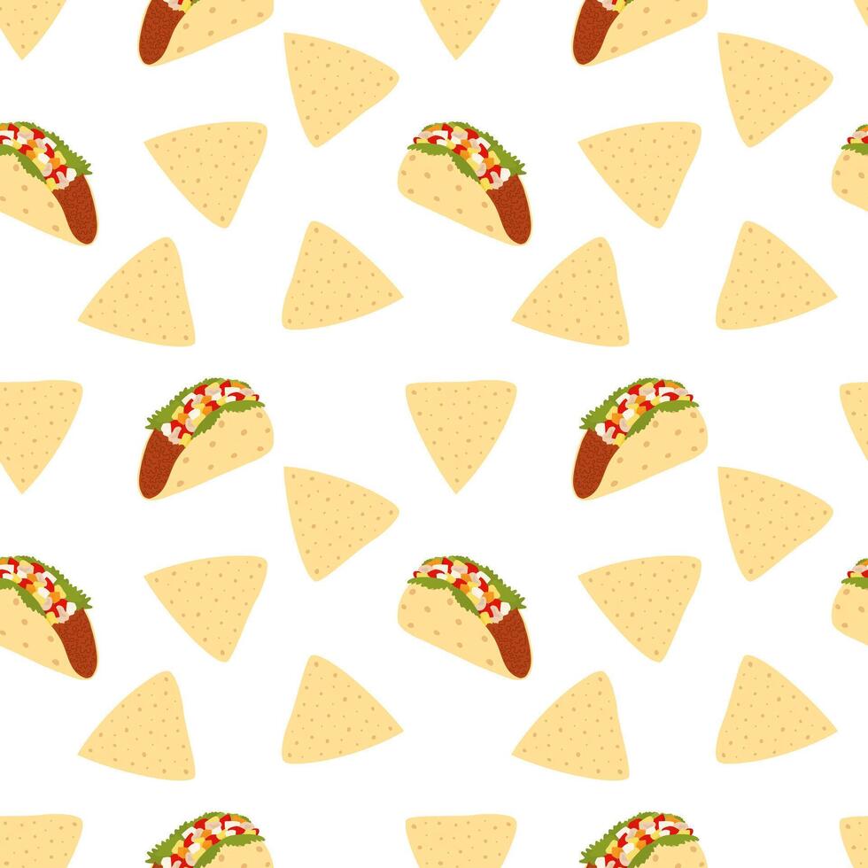 Meat filled Taco and Triangular Nacho Seamless Pattern. Traditional Mexican Food background concept. Isolated illustration Wallpaper, wrapping, delivery or web promo banner, leaflet, menu card vector