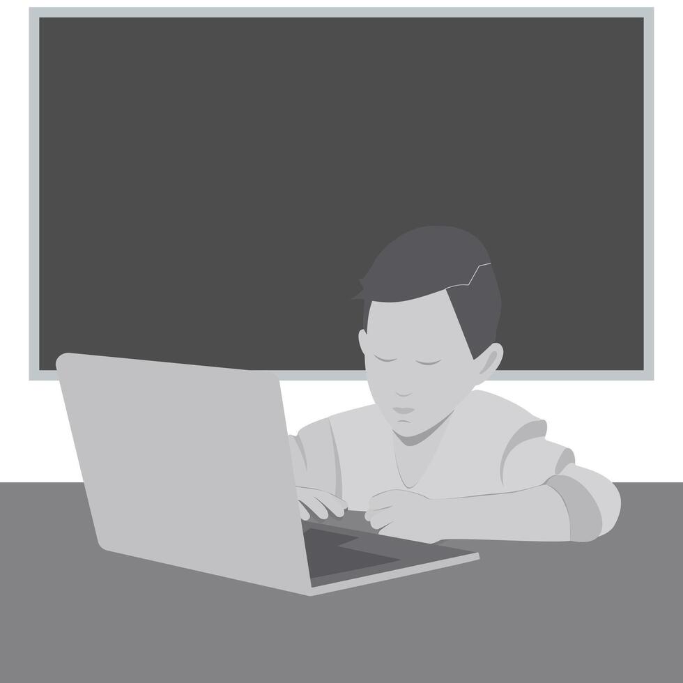Boy with laptop sitting at desk against blackboard background in grayscale. Online study design idea. Thematic cards or web promo banner, leaflets, print materials or tags Isolated illustration vector