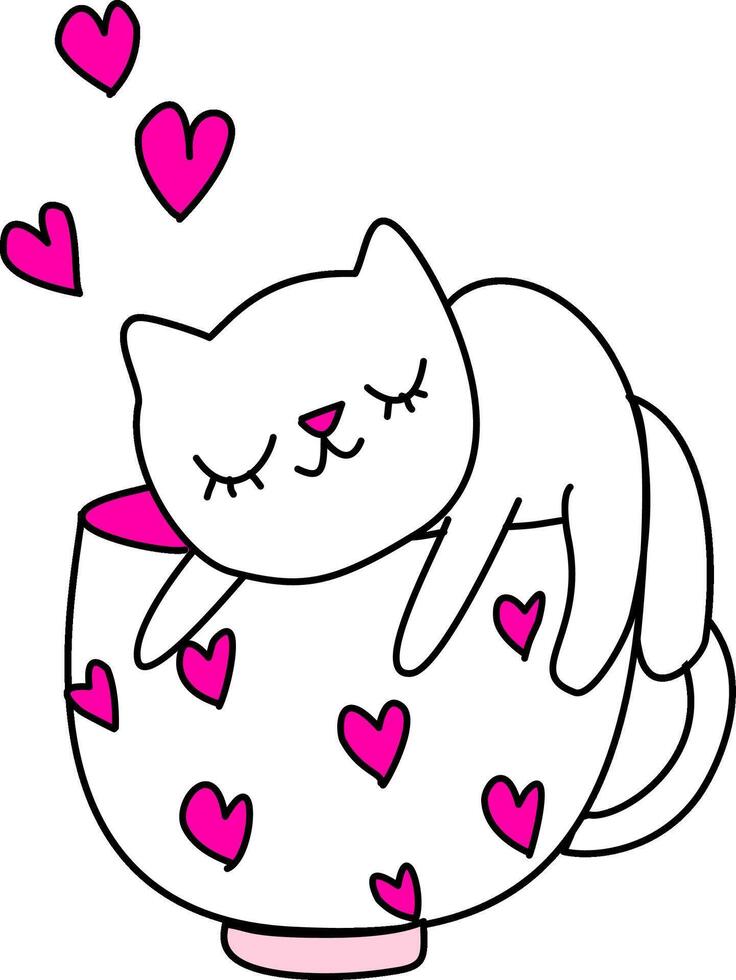 Cute cat cartoon with coffee mug with hearts valentines vector