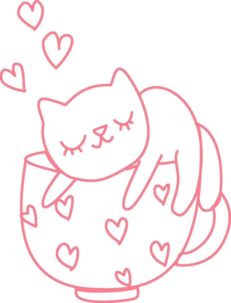 Cat cartoon with coffee cup out line valentines vector