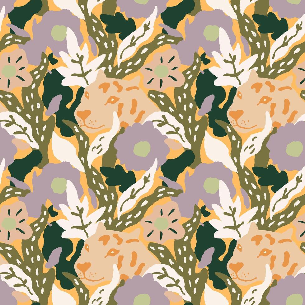 Seamless Jungle Pattern with Leopards and Tropical Leaves in Pastel Colors vector
