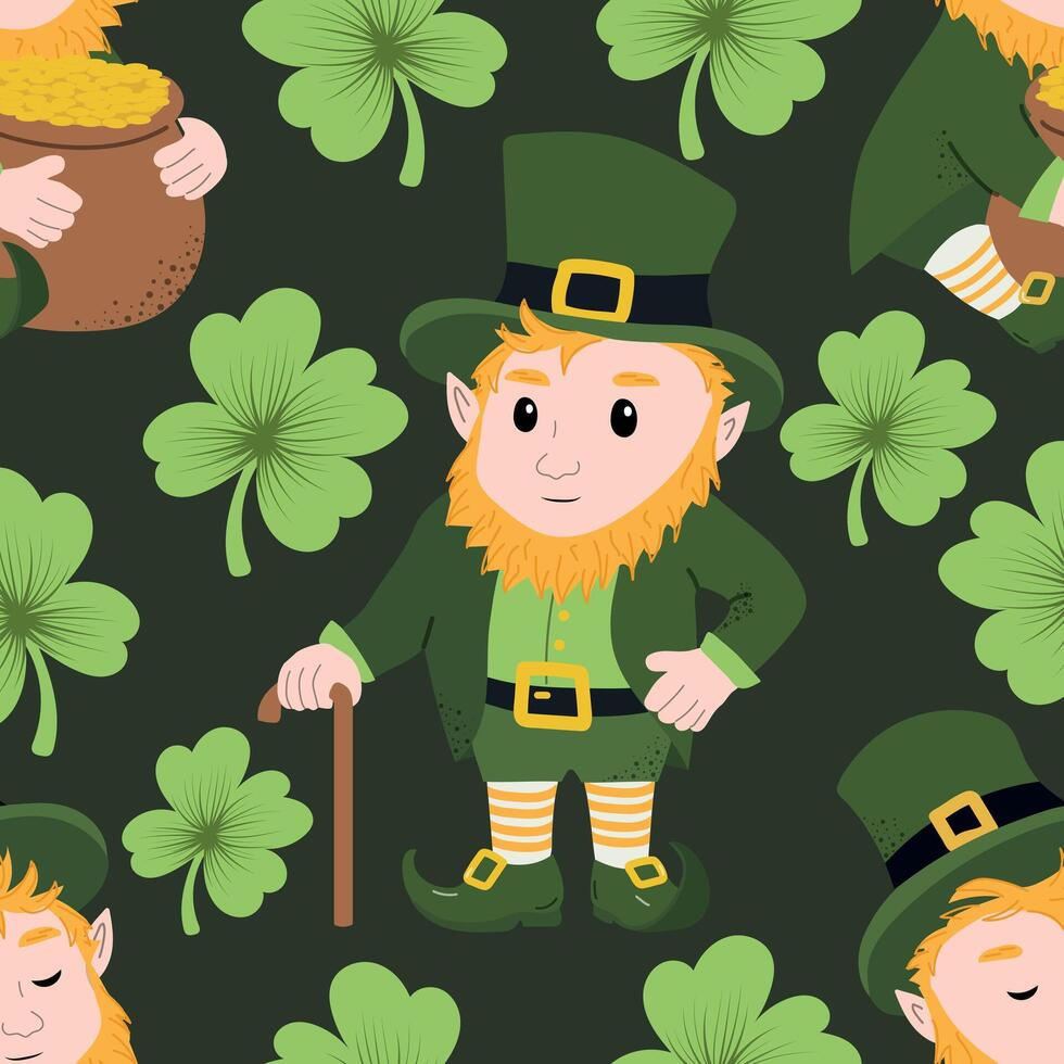 A seamless pattern with leprechauns and shamrocks vector