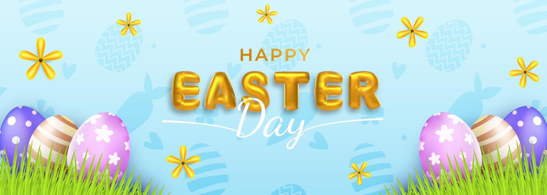 Horizontal banner Happy Easter day concept with 3d cartoon style with eggs and flower. vector