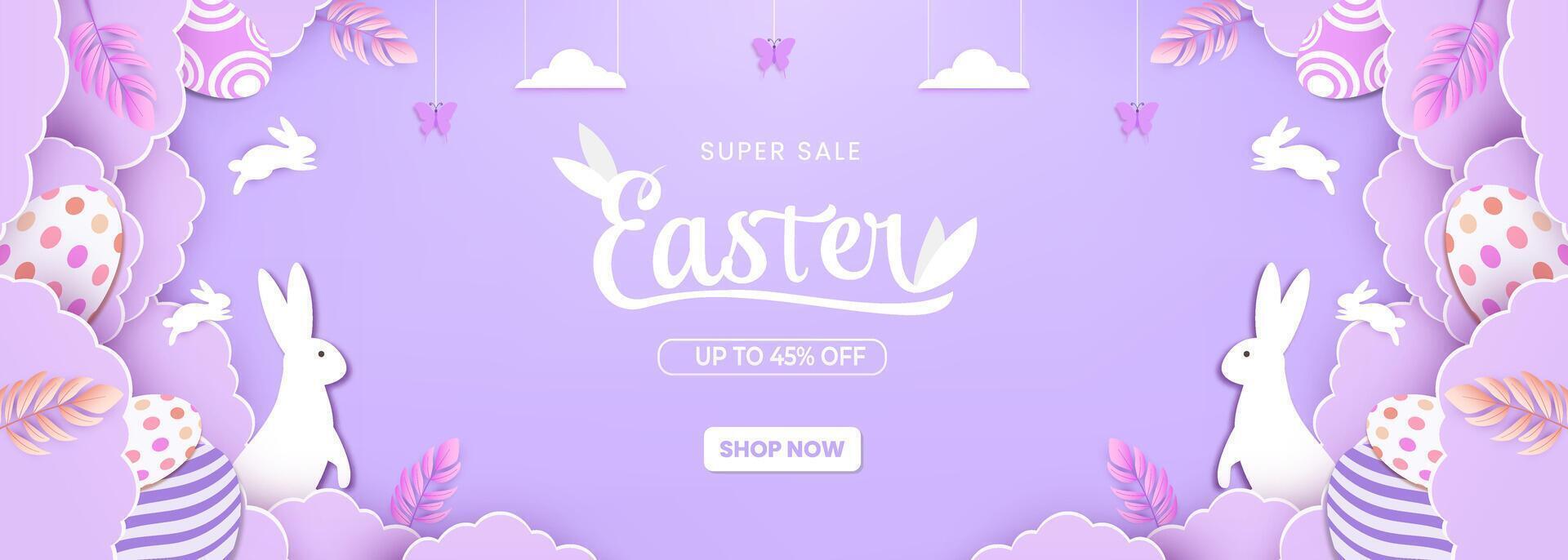 Horizontal banner Happy Easter day concept with paper cut clouds, rabbit, eggs. vector