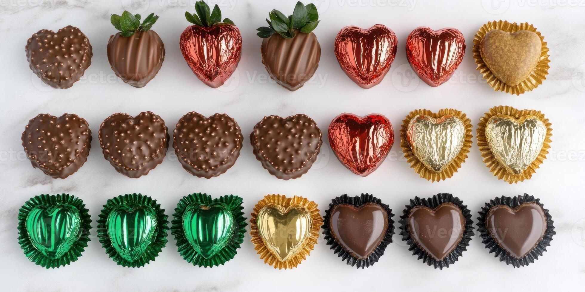 Creative flat lay of assorted Valentines day chocolates for gift inspiration photo