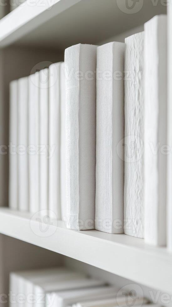 Minimalist interior design concept. Pristine white books arrangement photo