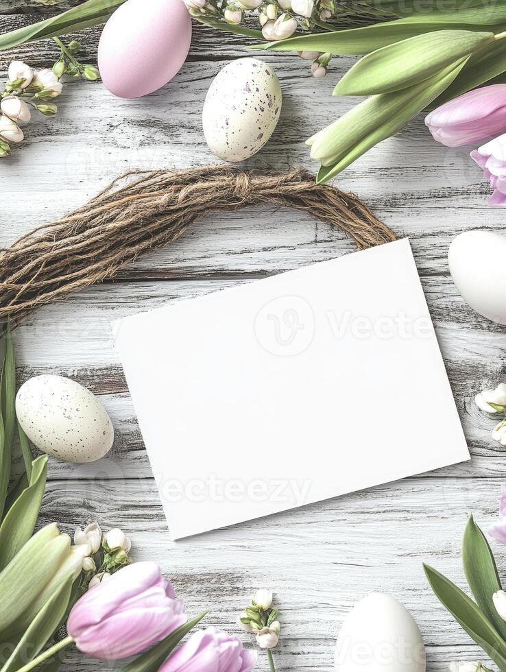 Rustic Easter card mock up with tulips and speckled eggs on white wooden background photo