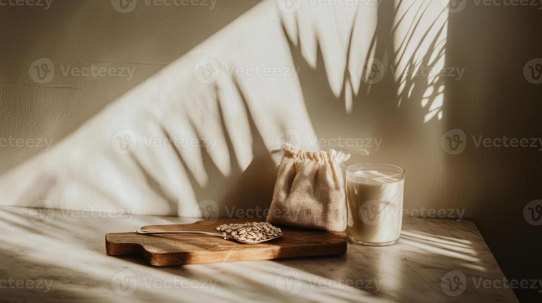 Rustic kitchen scene with wooden cutting board, sunflower seeds, and glass of milk photo