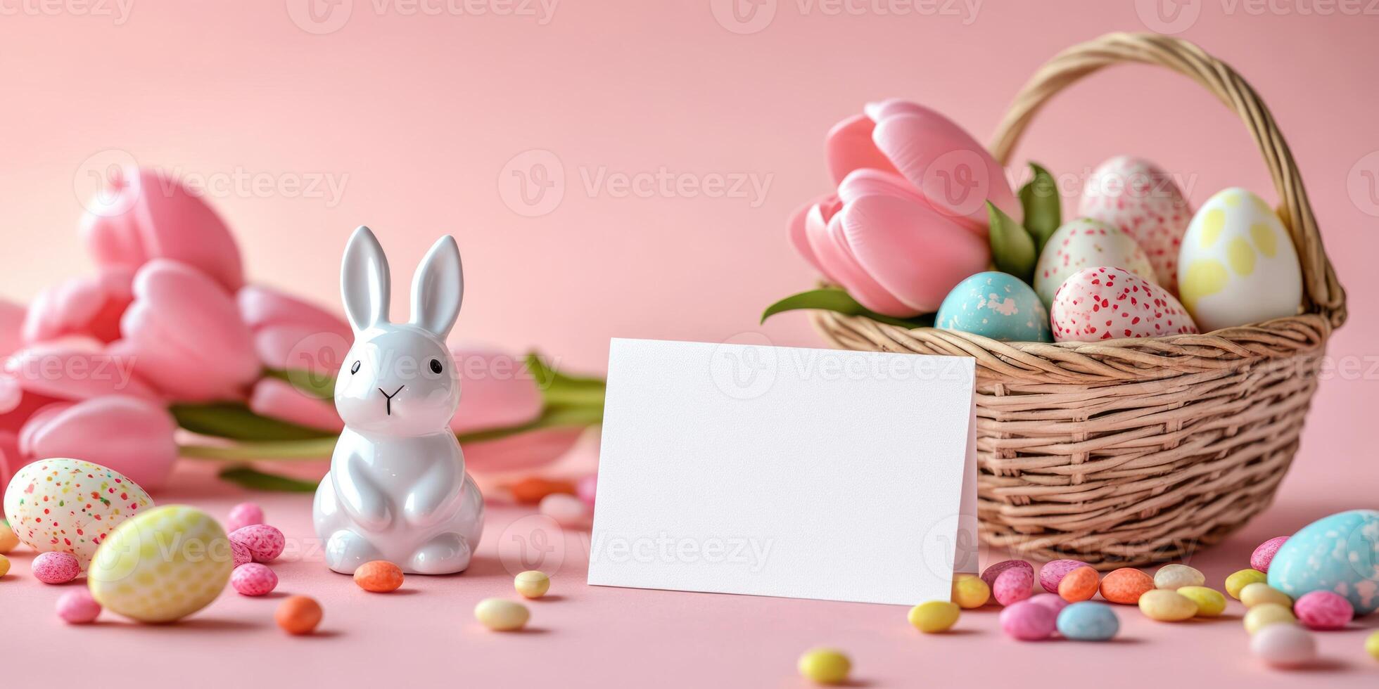 Whimsical Easter mockup with blank white card, bunny, and tulips in pastel setting photo