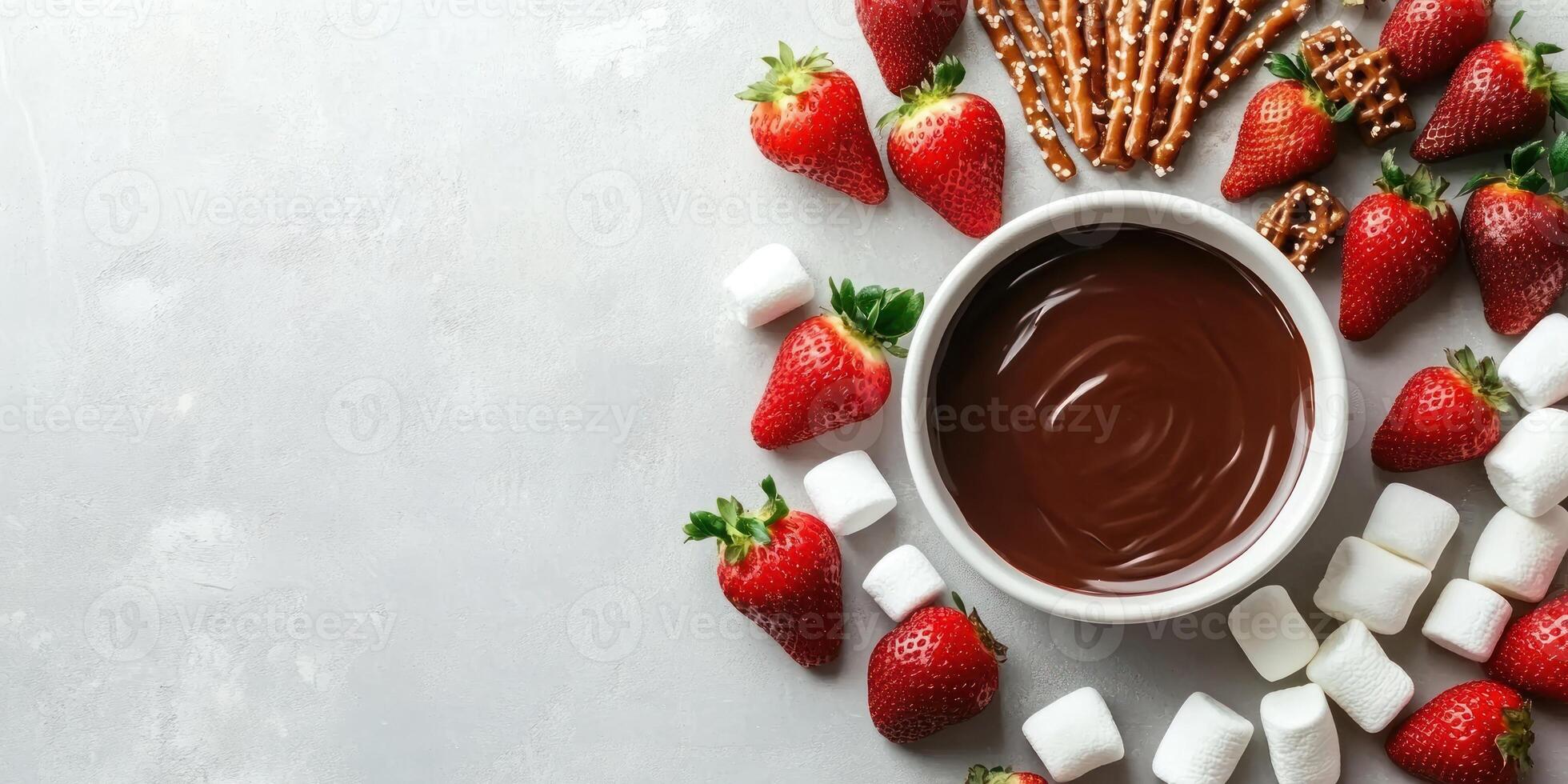 Luxurious dessert arrangement with strawberries, marshmallows, and pretzels in chocolate photo
